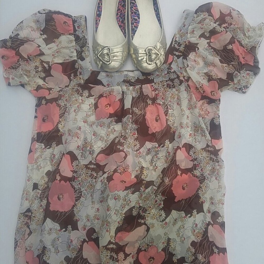6 Degrees Semi Transparent Poly Floral Puffy Short Sleeve Square Neck Top SZ M
